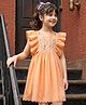 Kookie Kids Dobby Woven Frill Sleeves Frock With Floral Embroidery - Light Orange