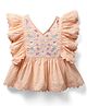 Kookie Kids Cotton Woven Frill Sleeves V Neck Top With Front Floral Embroidery - Light Orange