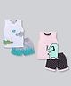 CUTOPIES Pack Of 2 Cotton Sleeveless Animals Printed Tee With Shorts Set - White & Peach