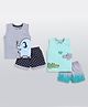 CUTOPIES Pack Of 2 Cotton Sleeveless Animals Printed & Baby Elephant & Polka Dots Printed Tee & Shorts Set - Grey & Aqua