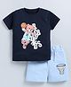 CUTOPIES Cotton Half Sleeves Teddy Printed Tee With Shorts Set - Navy Blue