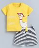 CUTOPIES Cotton Half Sleeves Duck Printed Tee With Striped Shorts Set - Yellow