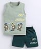 CUTOPIES Cotton Sleeveless Little Teddy Printed Tee With Shorts Set - Olive