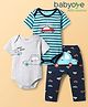 Babyoye 100% Cotton Knit Half Sleeves Striped & Car Printed Onesies With Leggings - Light Blue & Grey