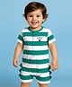 Babyoye 100% Cotton Knit Half Sleeves Rompers with Stripes & A-Roarable Text Print with Dino Tail Applique - Dark Green & White