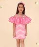 Cutecumber Organza Cold Shoulder Frill Detailed Butterfly Applique Abstract Printed Dress - Pink
