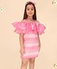 Cutecumber Organza Cold Shoulder Sleeves Striped & Butterly Applique Detailed Dress - Pink