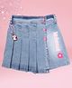 Cutecumber Denim Floral Applique Detailed & Welcome Text Printed Pleated Skirt - Blue