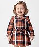 Babyoye Cotton Woven Full Sleeves Checks Frock With Lace Detailing & Fabric Belt - Rust Orange