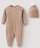 Mark & Mia Viscose Full Sleeves Solid Coloured Winter Wear Romper With Cap & Cable Knit Design - Khaki