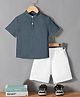 Fashion Dream Cotton Blend Knit Half Sleeves Solid Textured Mandarin Collar Shirt & Shorts Set - Grey
