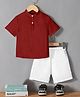 Fashion Dream Cotton Blend Knit Half Sleeves Solid Textured Mandarin Collar Shirt & Shorts Set - Maroon