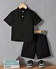 Fashion Dream Cotton Blend Knit Half Sleeves Solid Textured Mandarin Collar Shirt & Shorts Set - Black