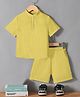 Fashion Dream Cotton Blend Knit Half Sleeves Solid Textured Mandarin Collar Shirt & Shorts Set - Yellow