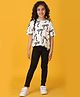 Anthrilo Cotton Blend Half Sleeves Bow Printed Tee With Leggings Set - White & Black