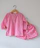 Love the World Today Cotton Woven Full Sleeves Striped Tee & Abstract Printed Shorts Night Set - Pink