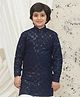 AJ Dezines Cotton Blend Full Sleeves Floral Embroidered & Sequins Embellished Kurta - Navy Blue