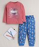 BUMZEE Cotton Knit Full Sleeves Nautical Theme Printed Night Suit Set - Brick Red & Blue