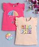 BUMZEE Cotton Pack Of 2 Cap Sleeves Girl Pwr Text & Umbrella Printed Tops - Peach & Pink
