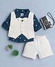 BUMZEE Cotton Full Sleeves Geometric Printed 3 Piece Party Suit Set With Attached Bow - Teal Blue & Beige