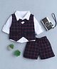 BUMZEE Cotton Full Sleeves Checked 3 Piece Party Suit Set With Attached Bow - White & Navy Blue