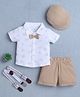 BUMZEE Cotton Half Sleeves Teddy Bear Printed Shirt & Shorts With Attached Bow Suspender & Cap Set - White & Beige