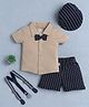BUMZEE Cotton Half Sleeves Solid Shirt With Attached Bow & Striped Short With Suspender & Cap Set - Beige & Navy