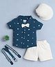 BUMZEE Cotton Half Sleeves Blocks Printed Shirt With Attached Bow & Short With Suspender & Cap Set - eal & Beige