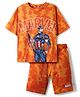 Pine Kids Marvel Single Jersey Knit Half Drop Shoulder Sleeves T-Shirt & Cut & Sew Shorts Set With Avengers Graphics Badge & Tie & Dye Detailing - Orange