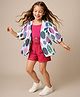 Ollington St.Woven Leaf Printed Set of Full Sleeves Shrug & Shorts with Inner Rib Top - White & Pink