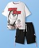 Pine Kids Marvel Single Jersey Knit Half Drop Shoulder Sleeves T-Shirt & Shorts Set With Iron Man Graphics Pocket & Tape Detailing - White & Black