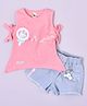 KETIMINI Cotton Sleeveless Sequin Embellished Typography Foil Printed Top With Denim Shorts Set - Pink & Blue
