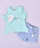 KETIMINI Cotton Sleeveless Sequin Embellished Typography Foil Printed Top With Denim Shorts Set - Green & Blue