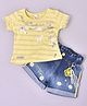 KETIMINI Cotton Half Sleeves Typography Foil Printed Top With Floral Embroidered Denim Shorts Set - Yellow & Blue