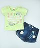 KETIMINI Cotton Half Sleeves Typography Printed Top With Floral Printed Denim Shorts Set - Green & Blue