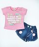 KETIMINI Cotton Half Sleeves Typography Printed Top With Floral Printed Denim Shorts Set - Pink & Blue