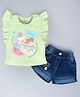 KETIMINI Cotton Sleeveless Frill Detailed Fruits Printed Top With Mild Washed Denim Shorts Set - Green & Blue