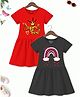 Trampoline Cotton Blend Pack Of 2 Half Sleeves Super Girl Text & Rainbow Printed Dress - Red & Black