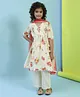 BIBA Cotton Three Fourth Sleeves Floral Printed Lace Detailed Kurta Palazzo With Dupatta Set - Cream