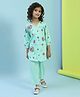 BIBA Cotton Three Fourth Puffed Sleeves Floral Printed Lace & Sequins Embellished Kurta Churidar Set - Turquoise