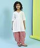 BIBA Cotton Half Sleeves Threadwork Embroidered Sequins Embellished & Leheriya Printed Kurta Harem Pants Set - White