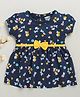 BUMZEE Cotton Knit Half Sleeves Frock With Floral Print & Bow Applique - Navy Blue