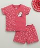 BUMZEE Cotton Knit Half Sleeves Cat Printed Front Open T-Shirt & Shorts Co-Ord Set - Red