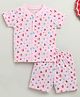 BUMZEE Cotton Knit Half Sleeves Heart Printed Front Open T-Shirt & Shorts Co-Ord Set - Pink