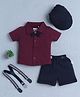 BUMZEE Cotton Knit Half Sleeves Solid Shirt & Shorts Set With Suspender Bow Applique & Cap - Wine & Navy Blue