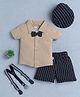 BUMZEE Cotton Knit Half Sleeves Shirt & Striped Shorts Set With Suspender Bow Applique & Cap - Beige & Navy Blue
