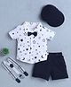 BUMZEE Cotton Knit Half Sleeves Star & Moon Printed Shirt & Shorts Set With Suspender Bow Applique & Cap - White & Navy Blue