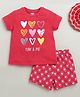 BUMZEE Cotton Knit Half Sleeves Heart Printed T-Shirt & Shorts Set - Red