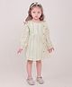Polka Tots Cotton Woven Full Puffed Sleeves Frill Detailed & Abstract Printed Dress With Coordinating Headband Set - Green