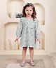 Polka Tots Cotton Woven Full Puffed Sleeves Frill Detailed & Floral Printed Dress With Coordinating Headband Set - Aqua Blue